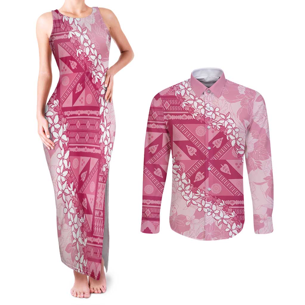 Bula Fiji Plumeria Tagimoucia Salusalu Pink Couples Matching Tank Maxi Dress and Long Sleeve Button Shirt Kaiviti Masi - Polynesian Pride