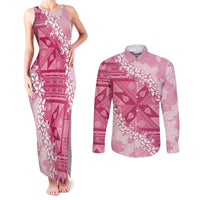Bula Fiji Plumeria Tagimoucia Salusalu Pink Couples Matching Tank Maxi Dress and Long Sleeve Button Shirt Kaiviti Masi - Polynesian Pride