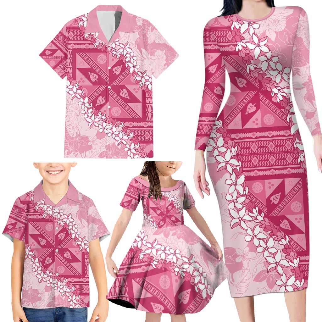 Bula Fiji Plumeria Tagimoucia Salusalu Pink Family Matching Long Sleeve Bodycon Dress and Hawaiian Shirt Kaiviti Masi - Polynesian Pride