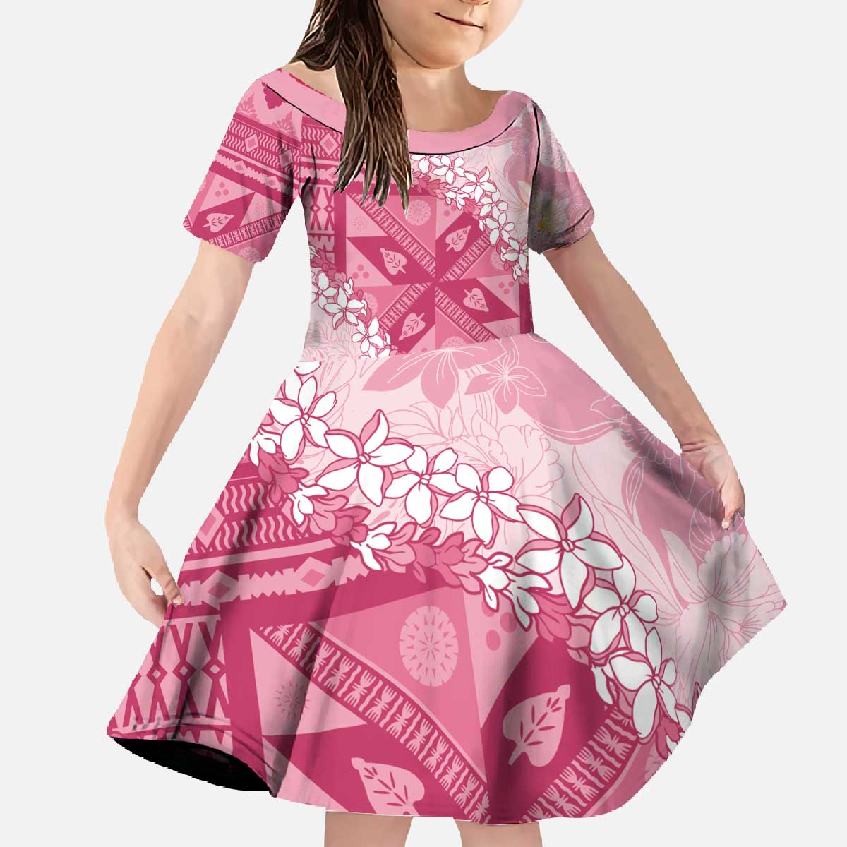 Bula Fiji Plumeria Tagimoucia Salusalu Pink Family Matching Off The Shoulder Long Sleeve Dress and Hawaiian Shirt Kaiviti Masi - Polynesian Pride
