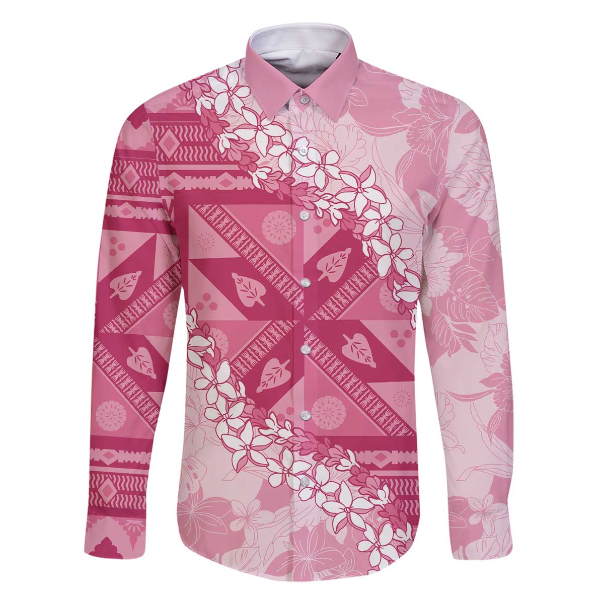 Bula Fiji Plumeria Tagimoucia Salusalu Pink Family Matching Off The Shoulder Long Sleeve Dress and Hawaiian Shirt Kaiviti Masi - Polynesian Pride
