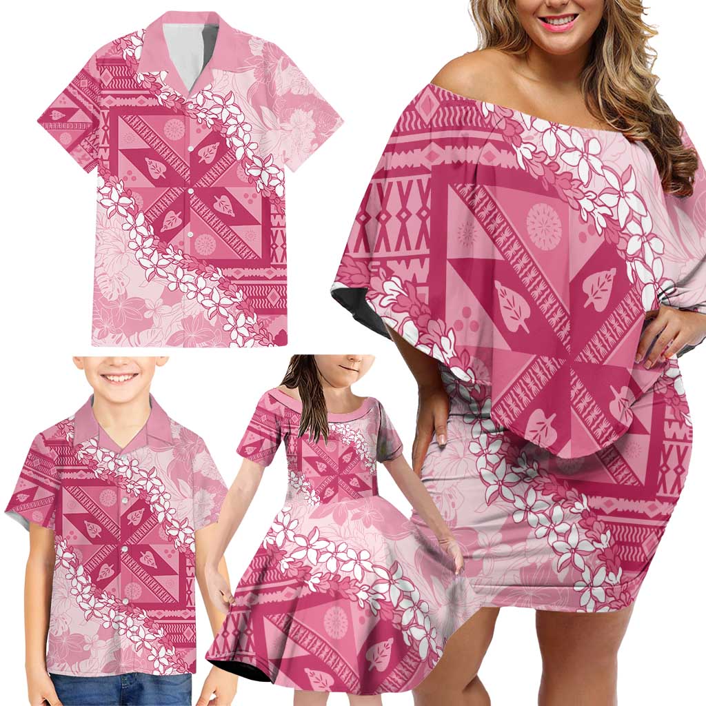 Bula Fiji Plumeria Tagimoucia Salusalu Pink Family Matching Off Shoulder Short Dress and Hawaiian Shirt Kaiviti Masi - Polynesian Pride