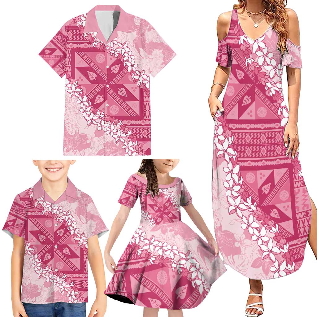 Bula Fiji Plumeria Tagimoucia Salusalu Pink Family Matching Summer Maxi Dress and Hawaiian Shirt Kaiviti Masi - Polynesian Pride