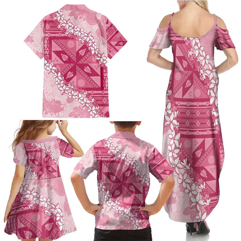 Bula Fiji Plumeria Tagimoucia Salusalu Pink Family Matching Summer Maxi Dress and Hawaiian Shirt Kaiviti Masi - Polynesian Pride