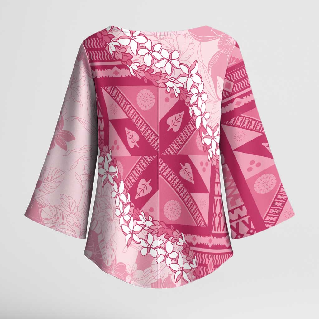 Bula Fiji Plumeria Tagimoucia Salusalu Pink Kimono Sleeve Blouse Kaiviti Masi - Polynesian Pride