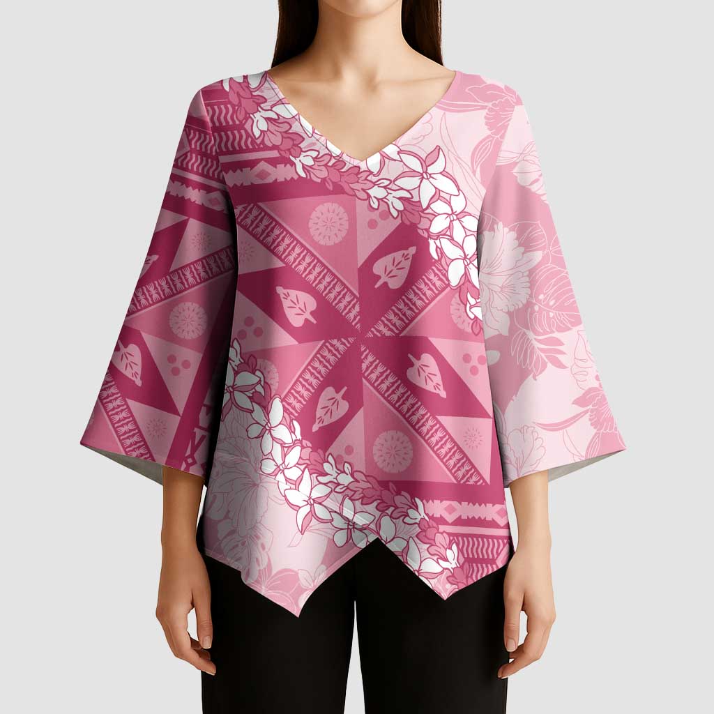 Bula Fiji Plumeria Tagimoucia Salusalu Pink Kimono Sleeve Blouse Kaiviti Masi - Polynesian Pride