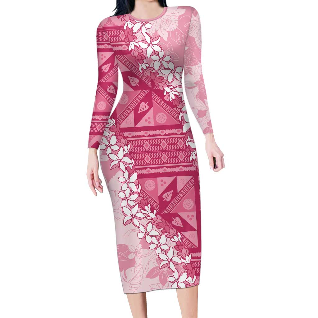 Bula Fiji Plumeria Tagimoucia Salusalu Pink Long Sleeve Bodycon Dress Kaiviti Masi - Polynesian Pride