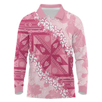 Bula Fiji Plumeria Tagimoucia Salusalu Pink Long Sleeve Polo Shirt Kaiviti Masi - Polynesian Pride