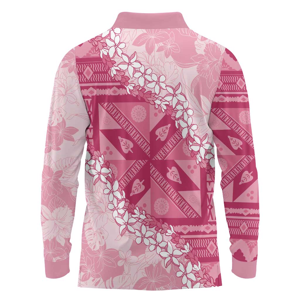 Bula Fiji Plumeria Tagimoucia Salusalu Pink Long Sleeve Polo Shirt Kaiviti Masi - Polynesian Pride