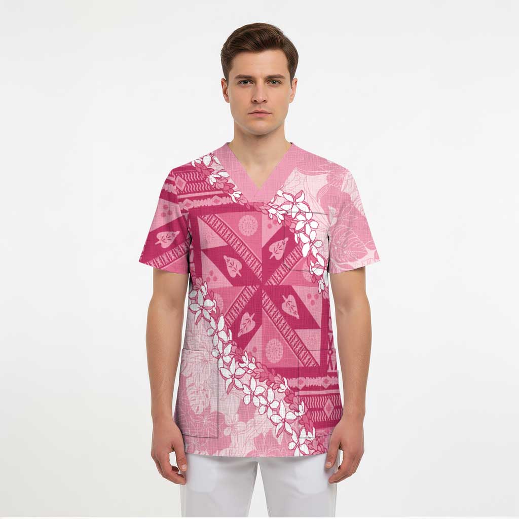 Bula Fiji Plumeria Tagimoucia Salusalu Pink Scrub Top Kaiviti Masi LT7 - Polynesian Pride