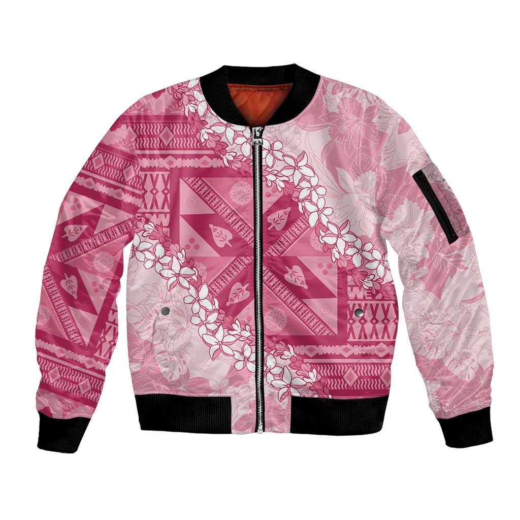 Bula Fiji Plumeria Tagimoucia Salusalu Pink Sleeve Zip Bomber Jacket Kaiviti Masi - Polynesian Pride