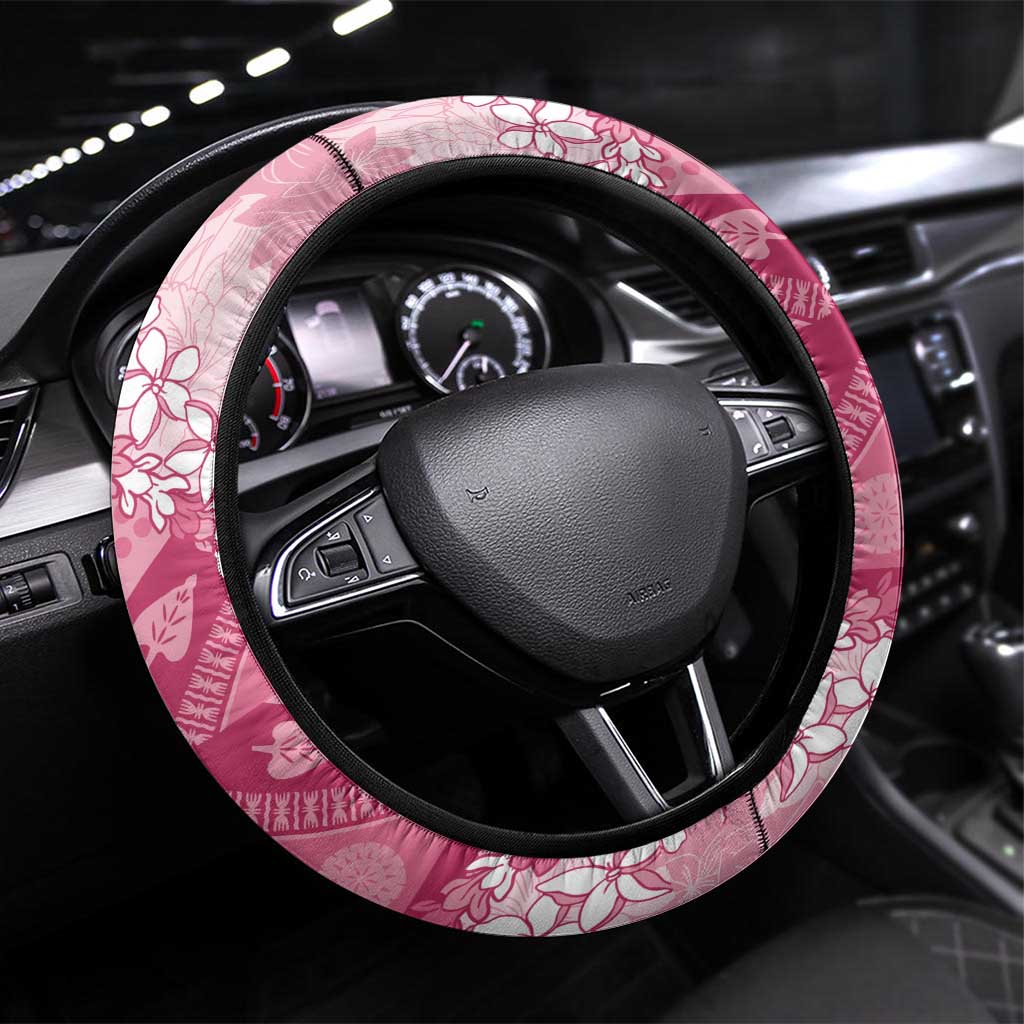 Bula Fiji Plumeria Tagimoucia Salusalu Pink Steering Wheel Cover Kaiviti Masi LT7 Universal Fit Pink - Polynesian Pride