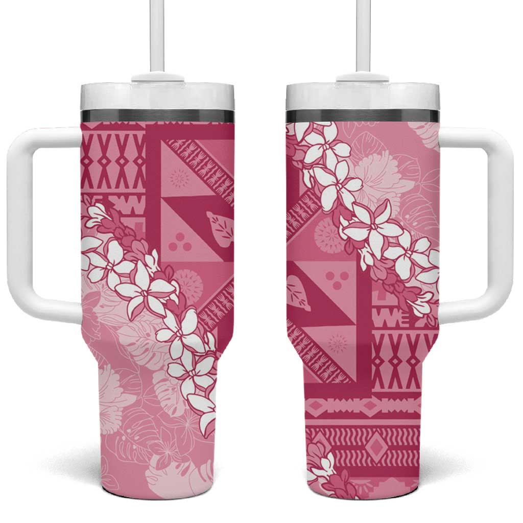 Bula Fiji Plumeria Tagimoucia Salusalu Pink Tumbler With Handle Kaiviti Masi - Polynesian Pride