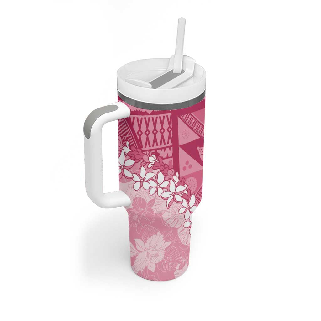 Bula Fiji Plumeria Tagimoucia Salusalu Pink Tumbler With Handle Kaiviti Masi - Polynesian Pride