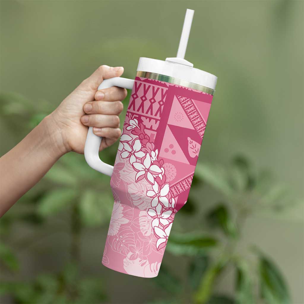 Bula Fiji Plumeria Tagimoucia Salusalu Pink Tumbler With Handle Kaiviti Masi - Polynesian Pride