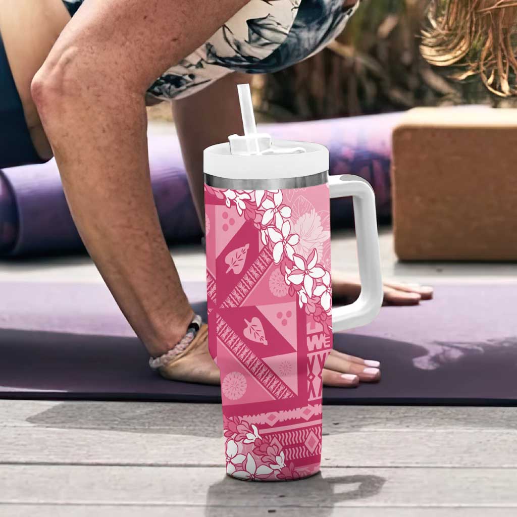 Bula Fiji Plumeria Tagimoucia Salusalu Pink Tumbler With Handle Kaiviti Masi - Polynesian Pride