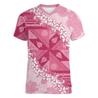 Bula Fiji Plumeria Tagimoucia Salusalu Pink Women V-Neck T-Shirt Kaiviti Masi - Polynesian Pride