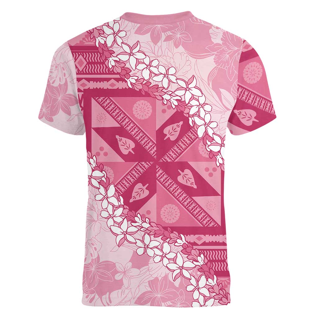 Bula Fiji Plumeria Tagimoucia Salusalu Pink Women V-Neck T-Shirt Kaiviti Masi - Polynesian Pride