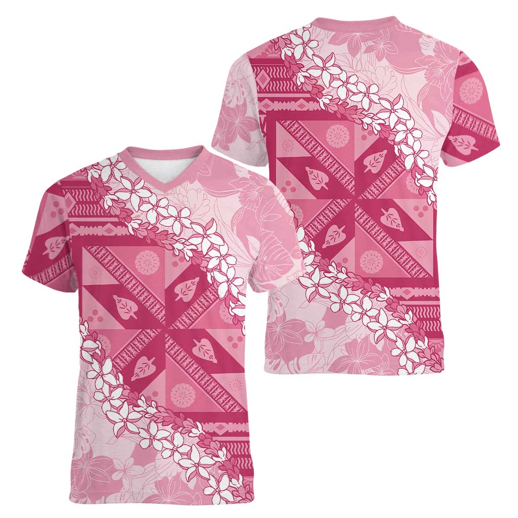 Bula Fiji Plumeria Tagimoucia Salusalu Pink Women V-Neck T-Shirt Kaiviti Masi - Polynesian Pride