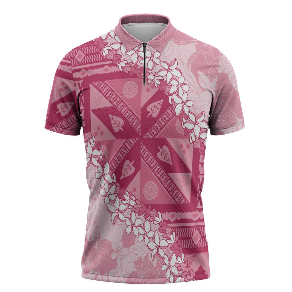 Bula Fiji Plumeria Tagimoucia Salusalu Pink Zipper Polo Shirt Kaiviti Masi - Polynesian Pride