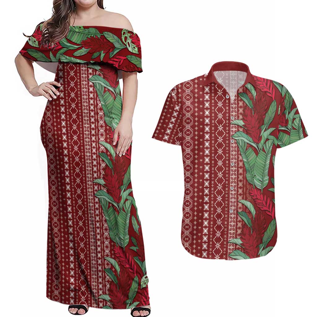 Women's Day Samoa Malu Tattoo Inspired Mix Teuila Couples Matching Off Shoulder Maxi Dress and Hawaiian Shirt Scarlet LT7 Scarlet - Polynesian Pride
