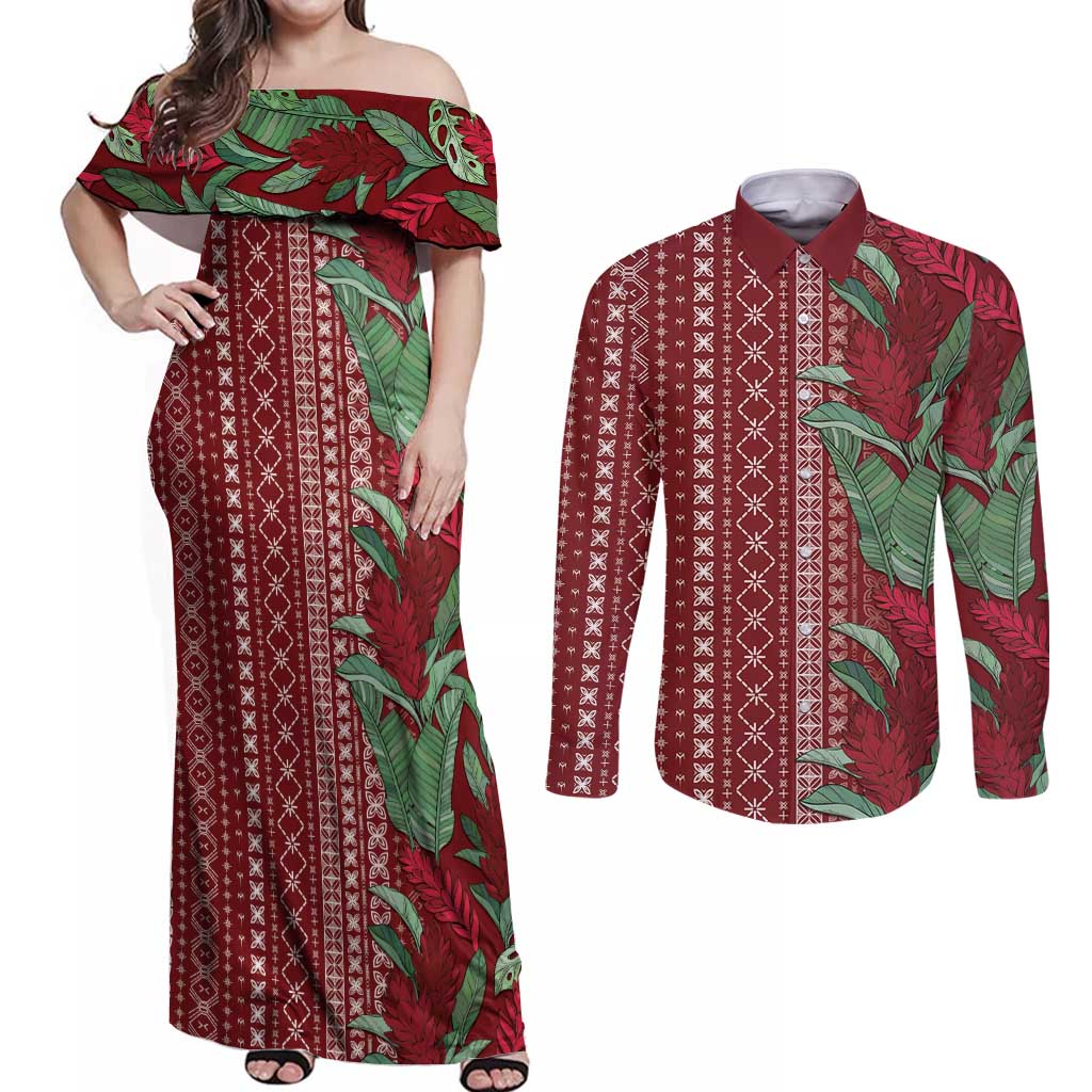 Women's Day Samoa Malu Tattoo Inspired Mix Teuila Couples Matching Off Shoulder Maxi Dress and Long Sleeve Button Shirt Scarlet LT7 Scarlet - Polynesian Pride