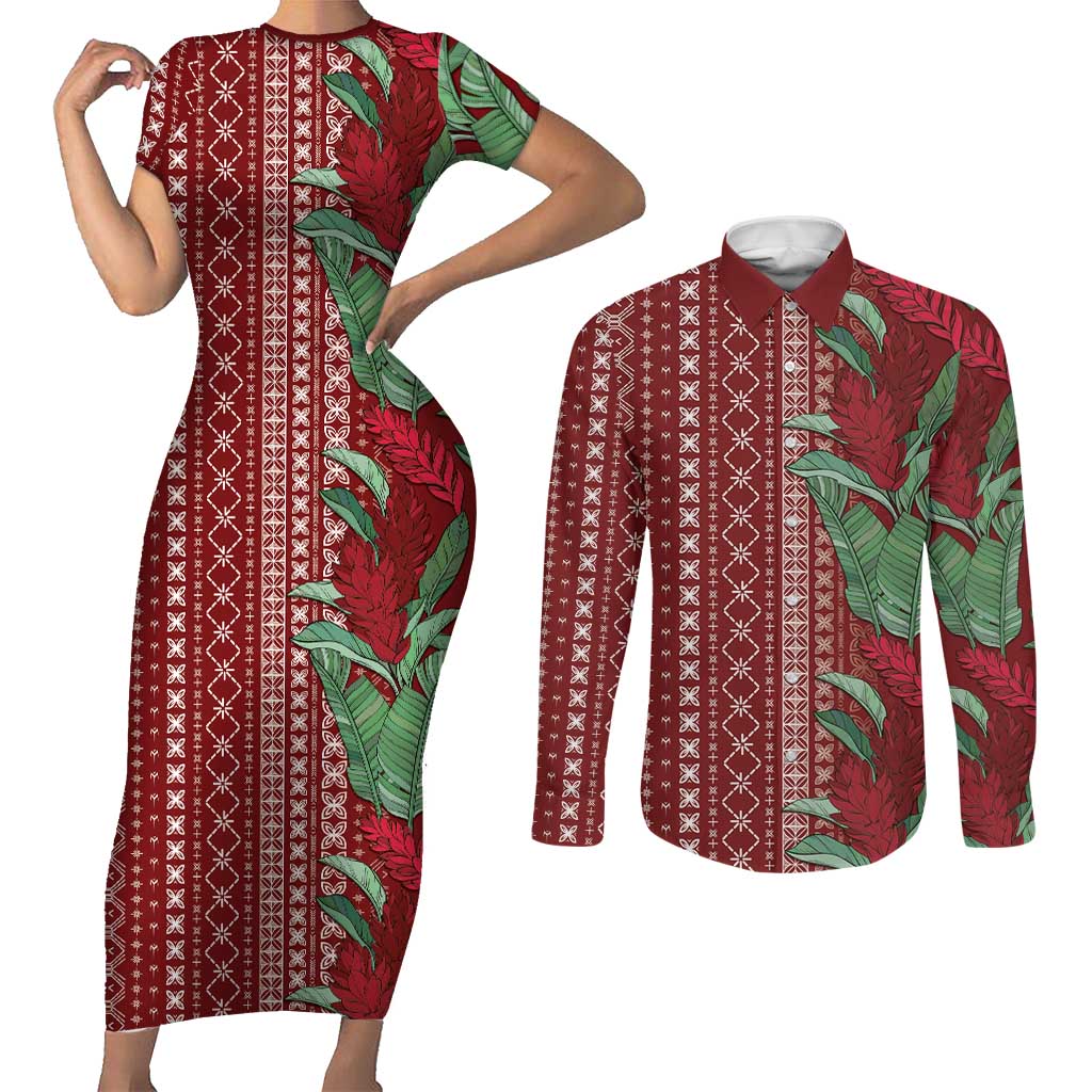 Women's Day Samoa Malu Tattoo Inspired Mix Teuila Couples Matching Short Sleeve Bodycon Dress and Long Sleeve Button Shirt Scarlet LT7 Scarlet - Polynesian Pride
