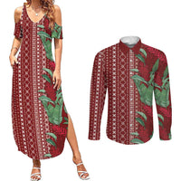 Women's Day Samoa Malu Tattoo Inspired Mix Teuila Couples Matching Summer Maxi Dress and Long Sleeve Button Shirt Scarlet LT7 Scarlet - Polynesian Pride