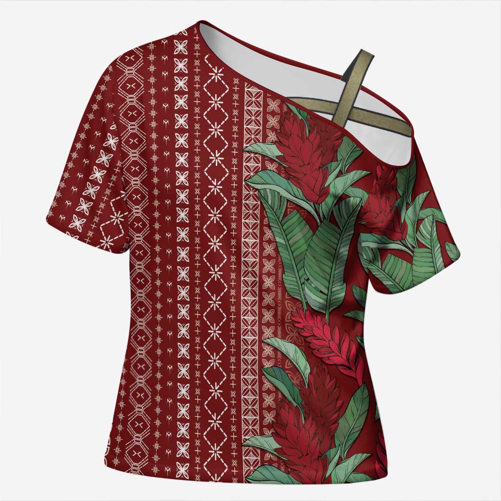 Women's Day Samoa Malu Tattoo Inspired Mix Teuila Cross Shoulder Shirt Scarlet LT7 Female Scarlet - Polynesian Pride