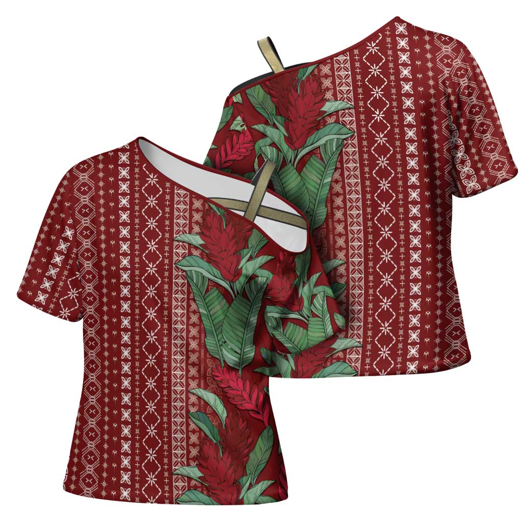 Women's Day Samoa Malu Tattoo Inspired Mix Teuila Cross Shoulder Shirt Scarlet LT7 - Polynesian Pride