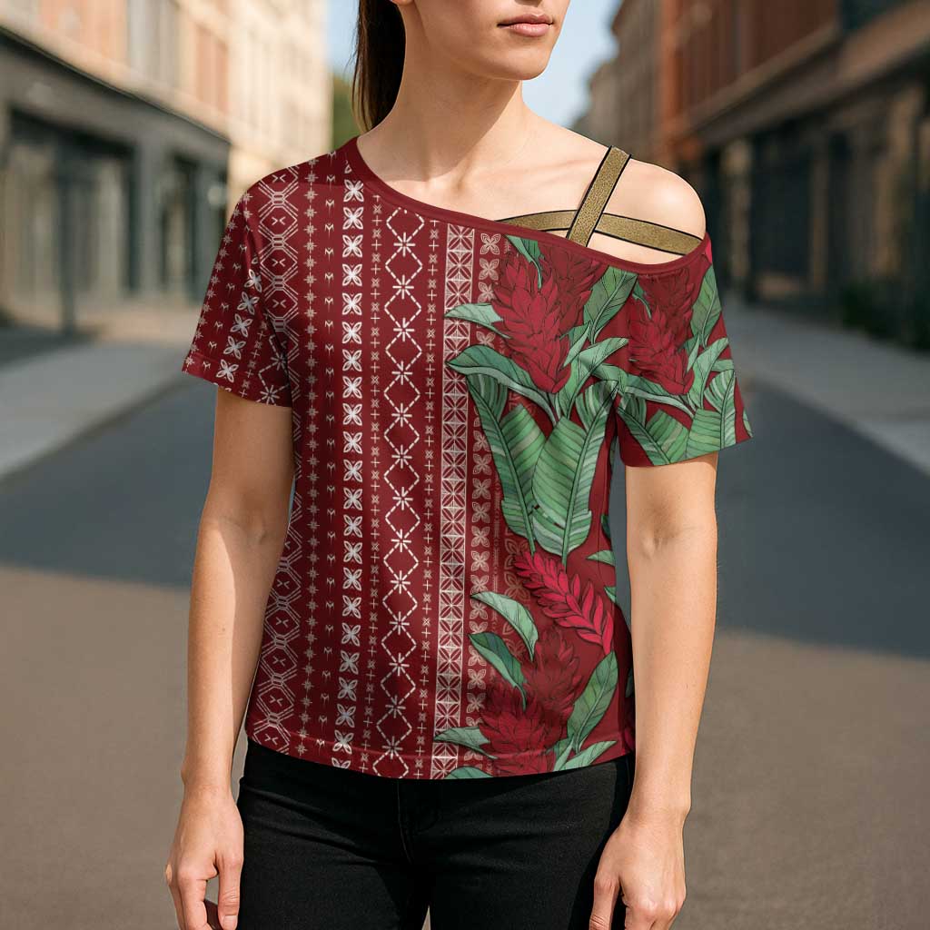 Women's Day Samoa Malu Tattoo Inspired Mix Teuila Cross Shoulder Shirt Scarlet LT7 - Polynesian Pride