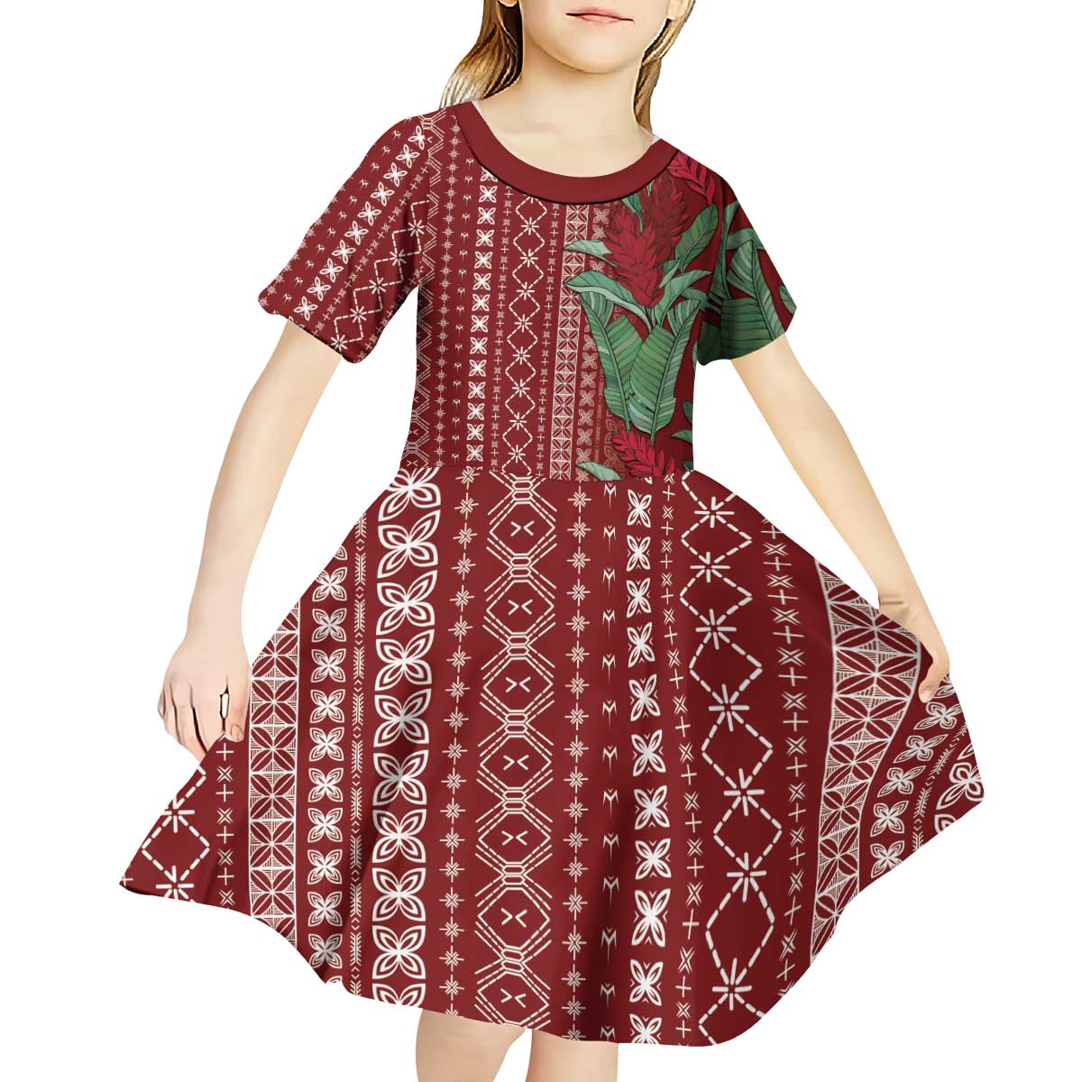 Women's Day Samoa Malu Tattoo Inspired Mix Teuila Kid Short Sleeve Dress Scarlet LT7 - Polynesian Pride