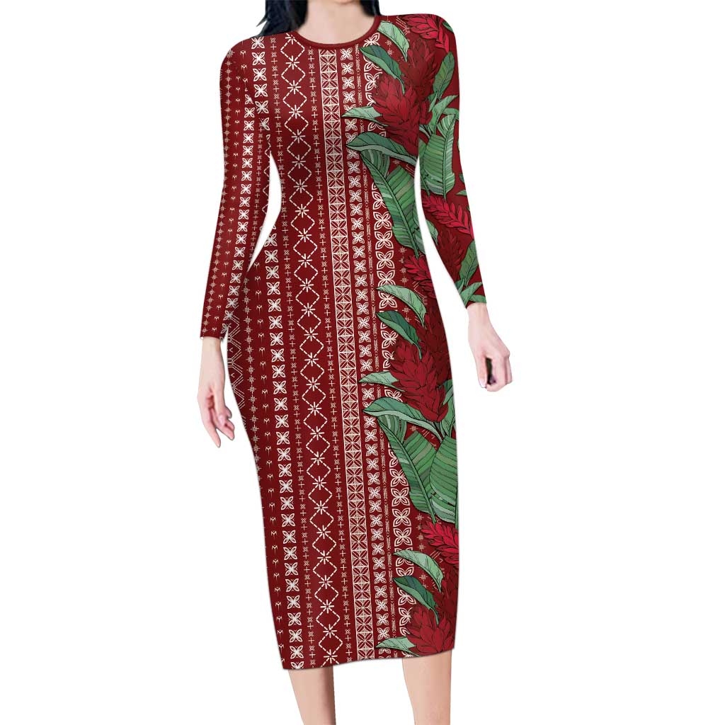 Women's Day Samoa Malu Tattoo Inspired Mix Teuila Long Sleeve Bodycon Dress Scarlet LT7 Long Dress Scarlet - Polynesian Pride