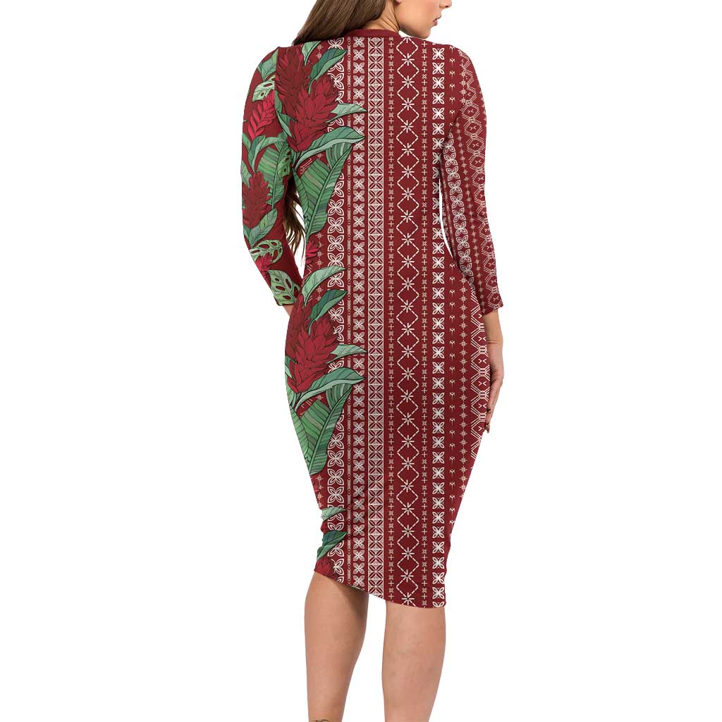 Women's Day Samoa Malu Tattoo Inspired Mix Teuila Long Sleeve Bodycon Dress Scarlet LT7 - Polynesian Pride