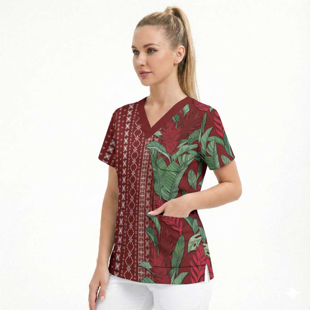 Women's Day Samoa Malu Tattoo Inspired Mix Teuila Scrub Top Scarlet LT7 - Polynesian Pride