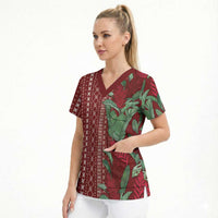 Women's Day Samoa Malu Tattoo Inspired Mix Teuila Scrub Top Scarlet LT7 - Polynesian Pride