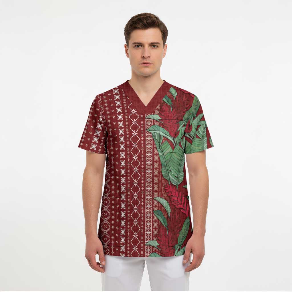 Women's Day Samoa Malu Tattoo Inspired Mix Teuila Scrub Top Scarlet LT7 - Polynesian Pride