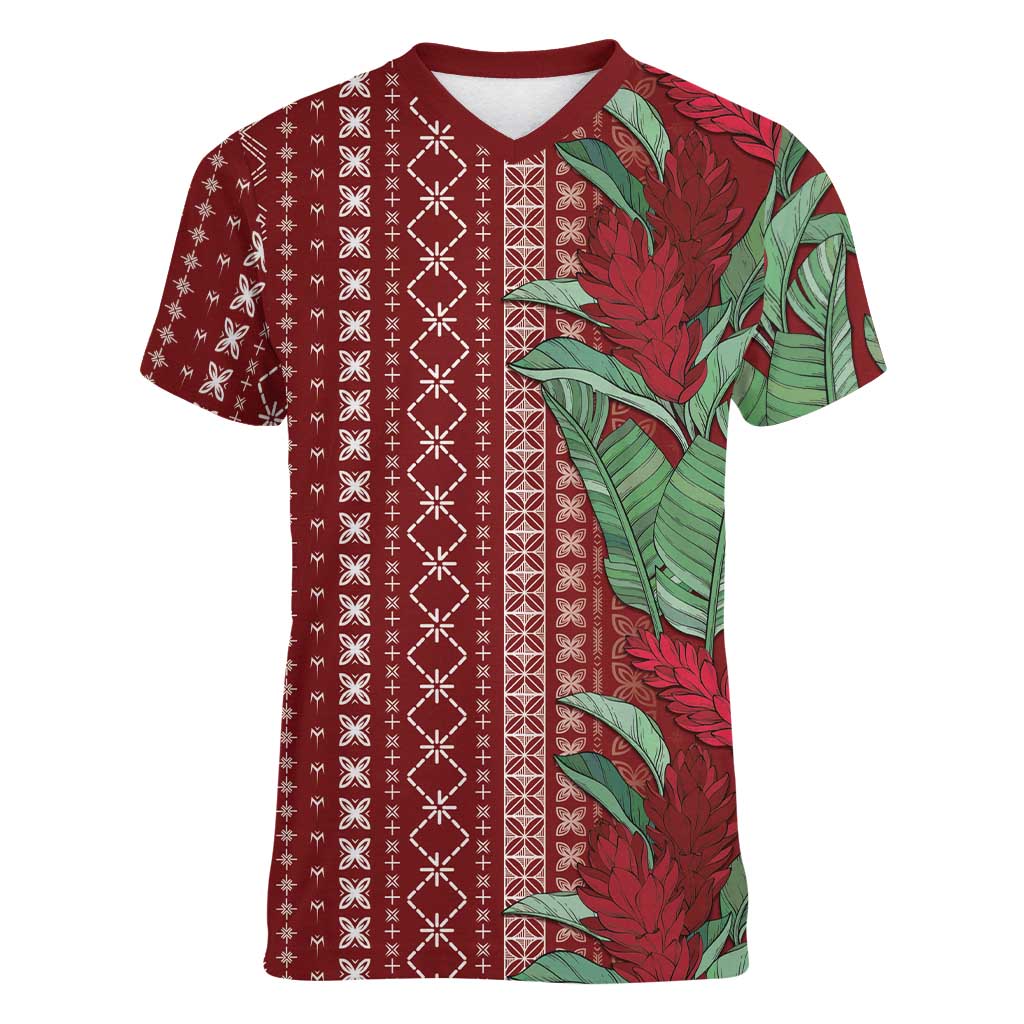Women's Day Samoa Malu Tattoo Inspired Mix Teuila Women V-Neck T-Shirt Scarlet LT7 Female Scarlet - Polynesian Pride