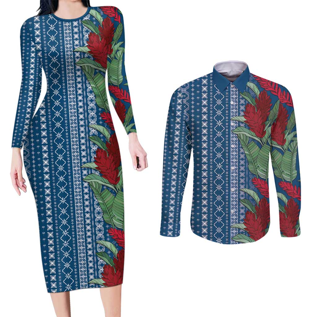 Women's Day Samoa Malu Tattoo Inspired Mix Teuila Couples Matching Long Sleeve Bodycon Dress and Long Sleeve Button Shirt Royal Blue LT7 Royal Blue - Polynesian Pride