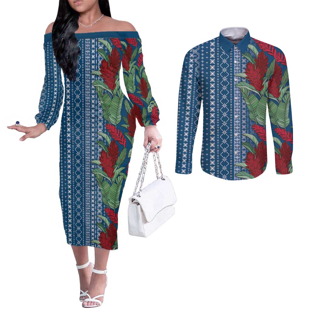 Women's Day Samoa Malu Tattoo Inspired Mix Teuila Couples Matching Off The Shoulder Long Sleeve Dress and Long Sleeve Button Shirt Royal Blue LT7 Royal Blue - Polynesian Pride