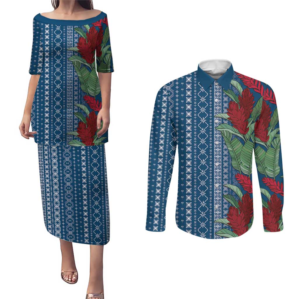 Women's Day Samoa Malu Tattoo Inspired Mix Teuila Couples Matching Puletasi and Long Sleeve Button Shirt Royal Blue LT7 Royal Blue - Polynesian Pride