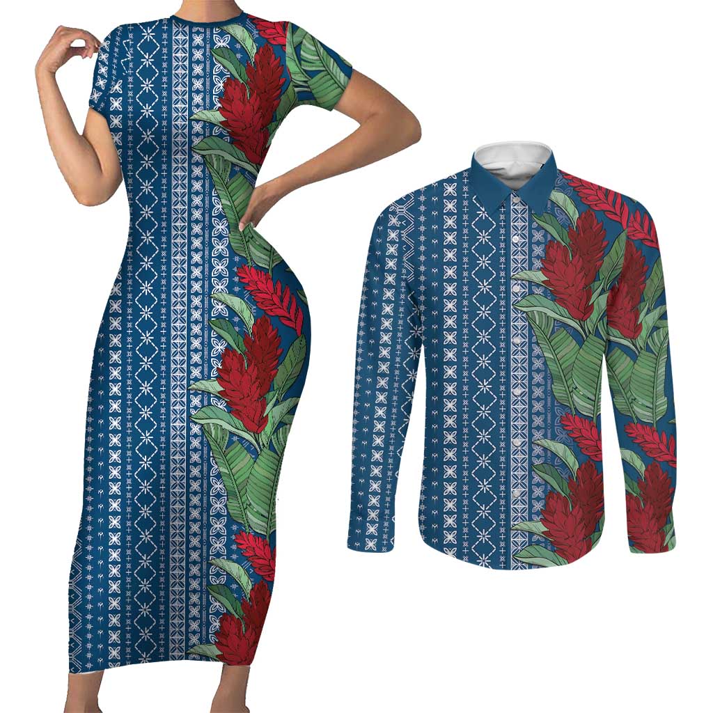 Women's Day Samoa Malu Tattoo Inspired Mix Teuila Couples Matching Short Sleeve Bodycon Dress and Long Sleeve Button Shirt Royal Blue LT7 Royal Blue - Polynesian Pride