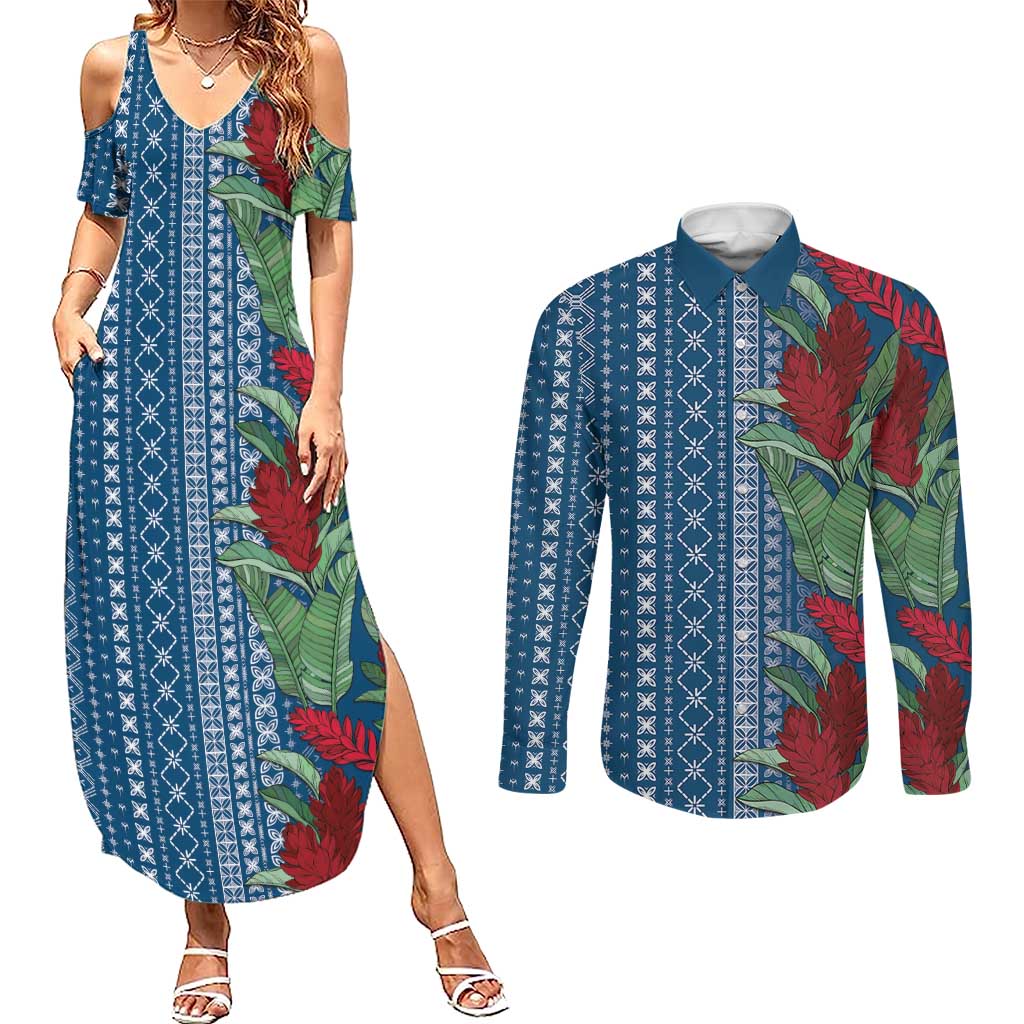 Women's Day Samoa Malu Tattoo Inspired Mix Teuila Couples Matching Summer Maxi Dress and Long Sleeve Button Shirt Royal Blue LT7 Royal Blue - Polynesian Pride