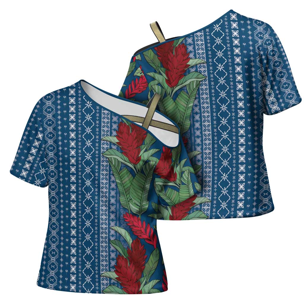 Women's Day Samoa Malu Tattoo Inspired Mix Teuila Cross Shoulder Shirt Royal Blue LT7 - Polynesian Pride