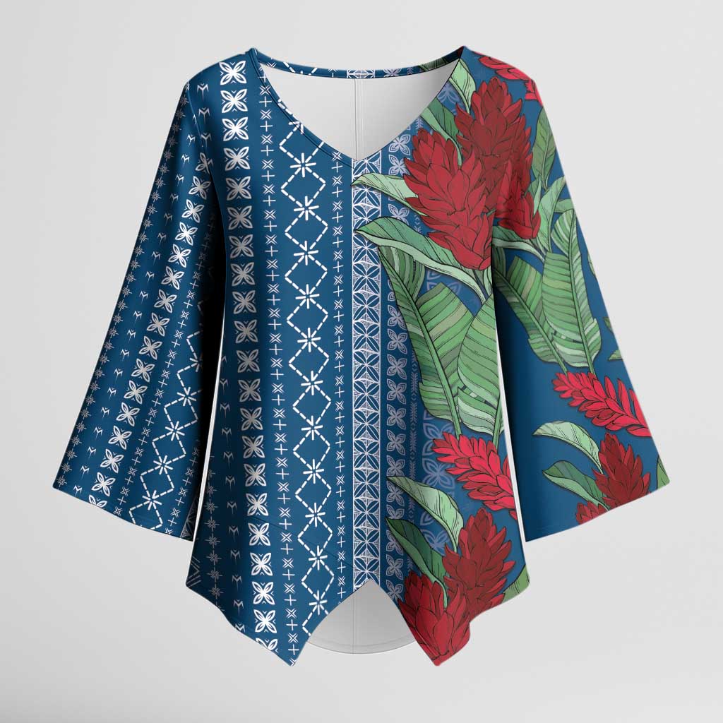 Women's Day Samoa Malu Tattoo Inspired Mix Teuila Kimono Sleeve Blouse Royal Blue