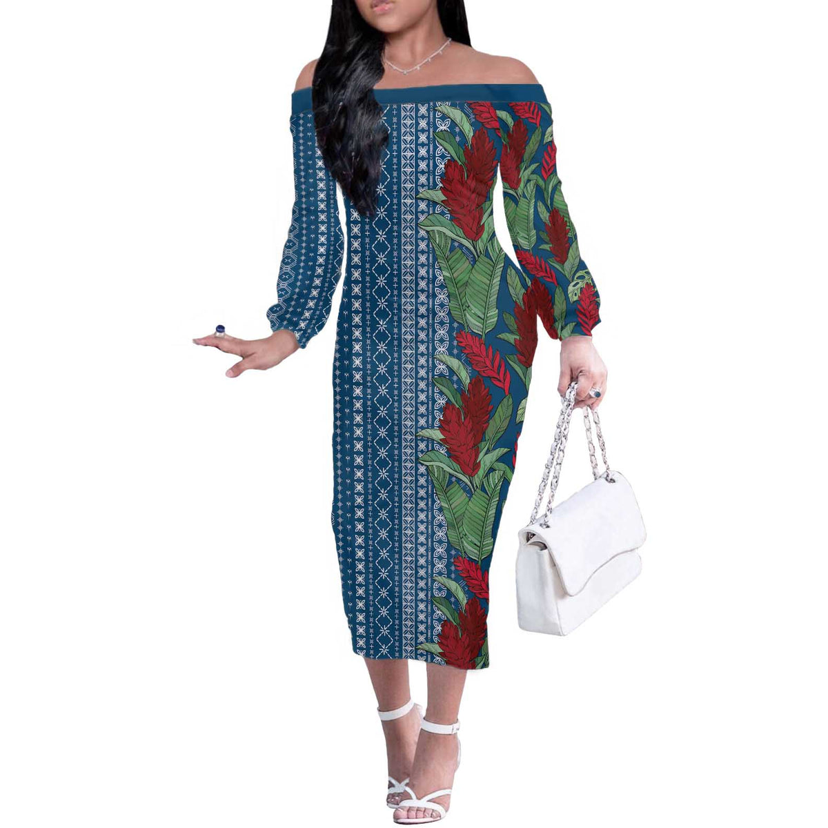 Women's Day Samoa Malu Tattoo Inspired Mix Teuila Off The Shoulder Long Sleeve Dress Royal Blue LT7 Women Royal Blue - Polynesian Pride