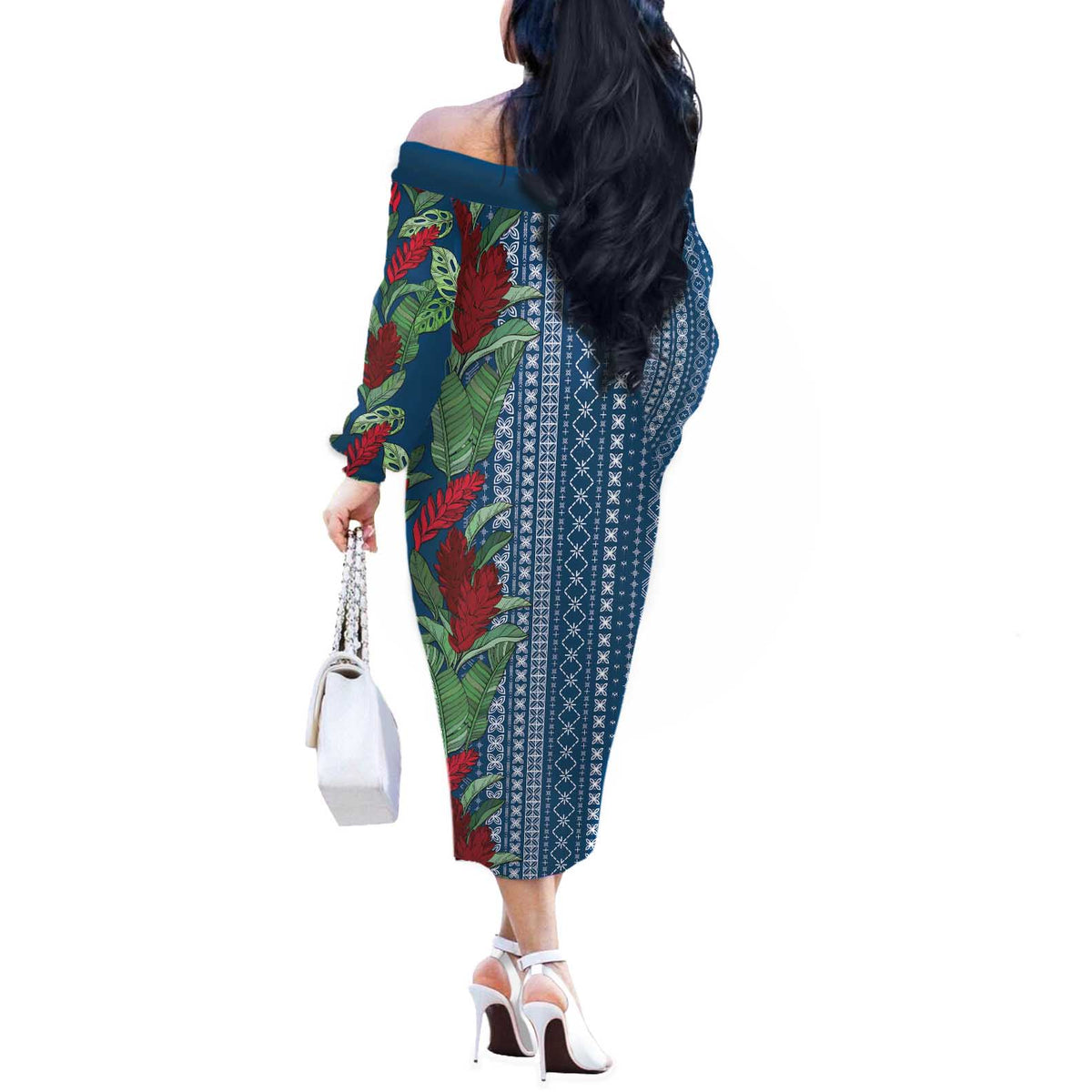 Women's Day Samoa Malu Tattoo Inspired Mix Teuila Off The Shoulder Long Sleeve Dress Royal Blue LT7 - Polynesian Pride