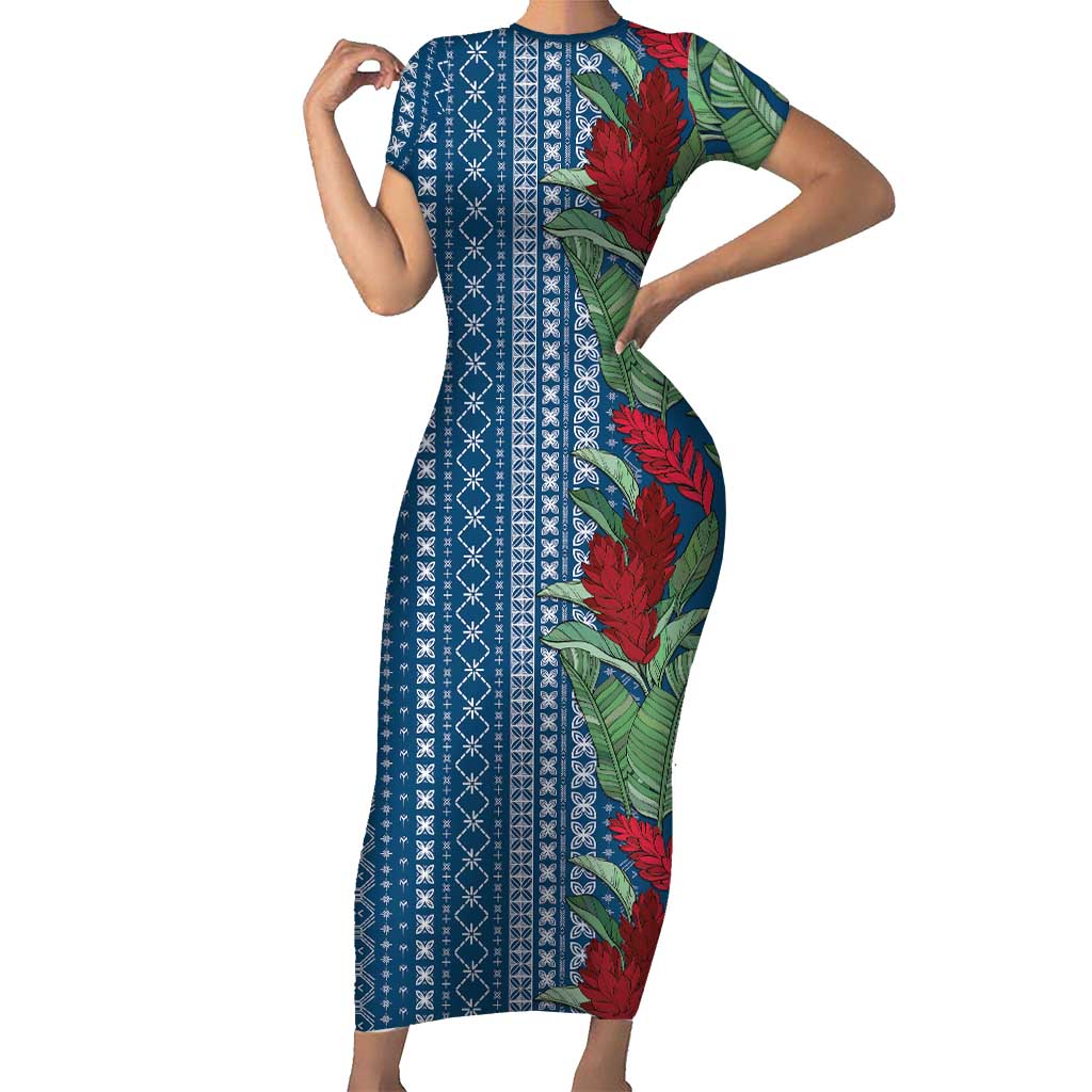 Women's Day Samoa Malu Tattoo Inspired Mix Teuila Short Sleeve Bodycon Dress Royal Blue LT7 Long Dress Royal Blue - Polynesian Pride