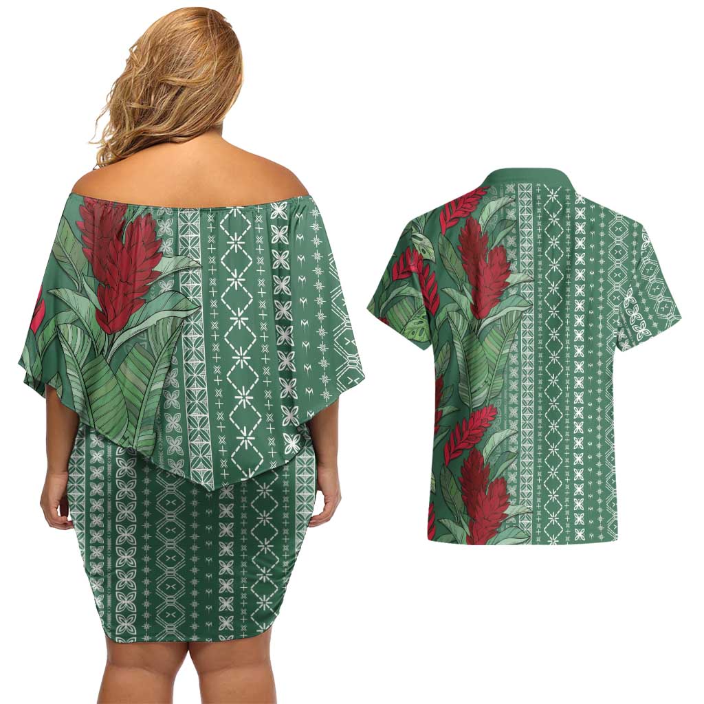 Women's Day Samoa Malu Tattoo Inspired Mix Teuila Couples Matching Off Shoulder Short Dress and Hawaiian Shirt Sage Green LT7 - Polynesian Pride