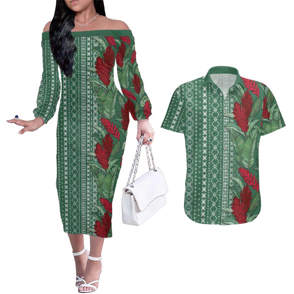 Women's Day Samoa Malu Tattoo Inspired Mix Teuila Couples Matching Off The Shoulder Long Sleeve Dress and Hawaiian Shirt Sage Green LT7 Sage Green - Polynesian Pride